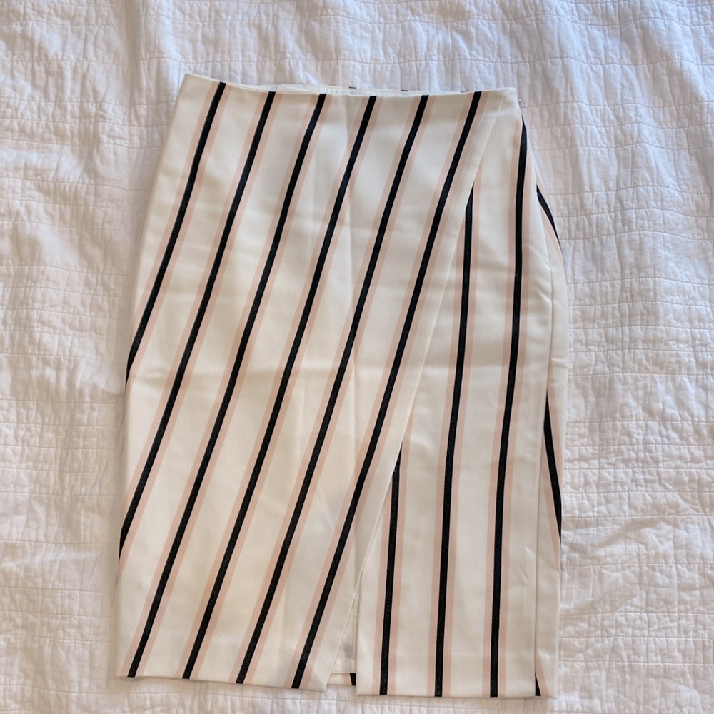 White House Black Market striped skirt, with asymmetric front slit.